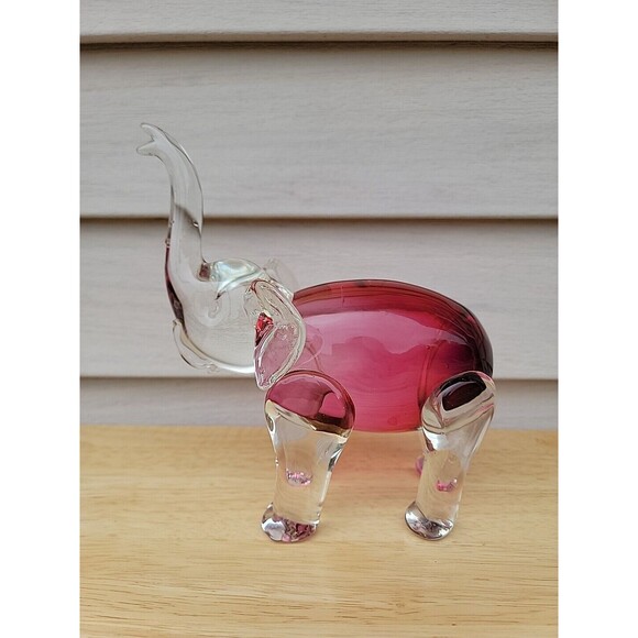 Rossi Glass Handmade Elephant Cranberry Art Glass Trunk Up 8" Tall - Picture 2 of 10